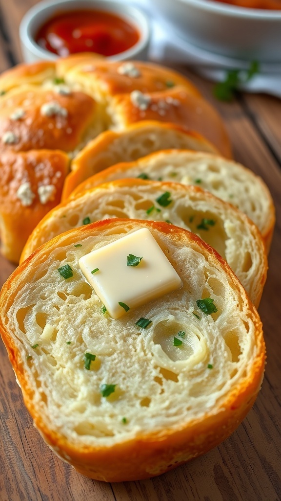 Easy Garlic Bread Recipe A delicious loaf of garlic bread, sliced, with melted butter and parsley on a wooden table next to marinara sauce.